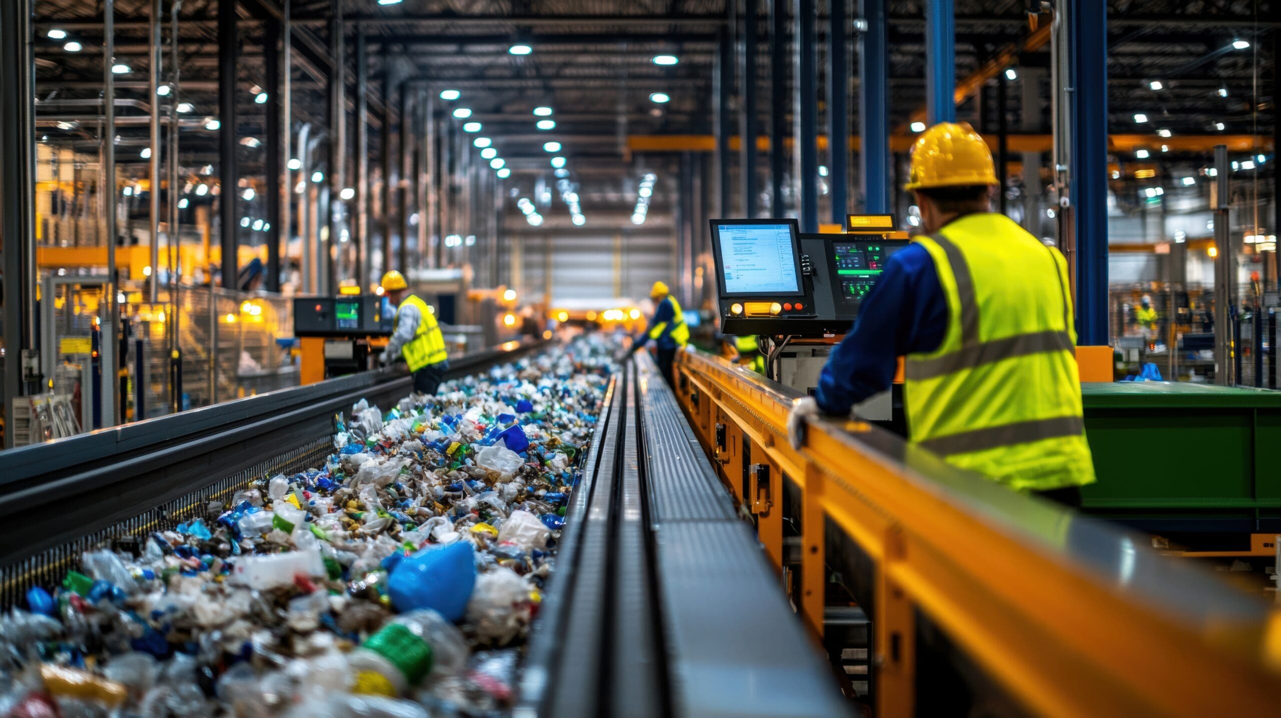 workers sorting recyclable materials at waste management facility, conveyors full of plastic, glass, and metal scraps in industrial setting